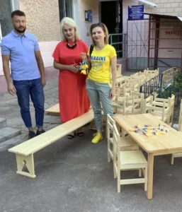 In Chernihiv: Serhii Dikalov, director and Iryna Semenchuk with furniture delivered for kindergarten No. 74